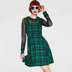 Jawbreaker green plaid overall fit and flare dress with mesh/fishnet NWOT